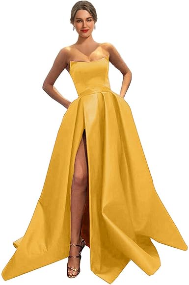 Womens Long Strapless Satin Prom Dress Sleeveless Slit Evening Ball Gown Off Shoulder Party Dress Wholesale