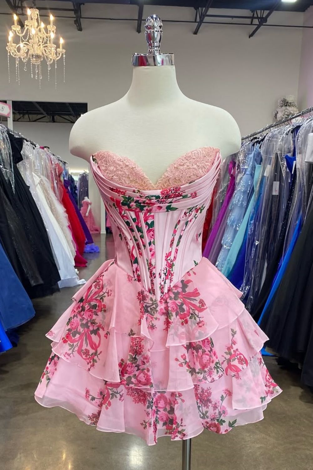 Gorgeous A-Line Sweetheart Floral Print Short Layered Homecoming Dress
