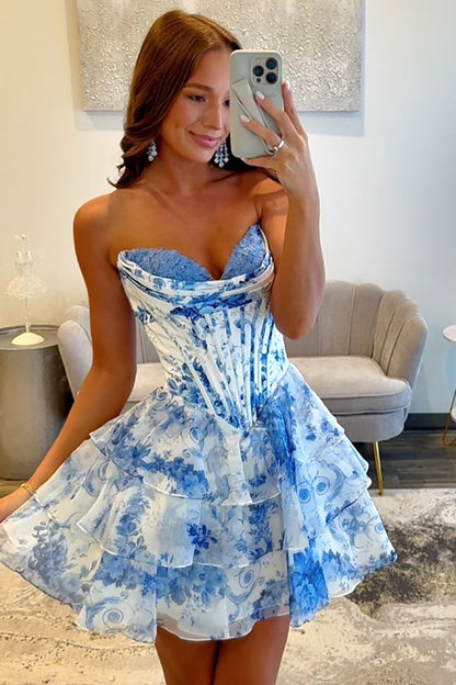 Floral A-Line Sweetheart Corset Homecoming Dress with Layered Skirt