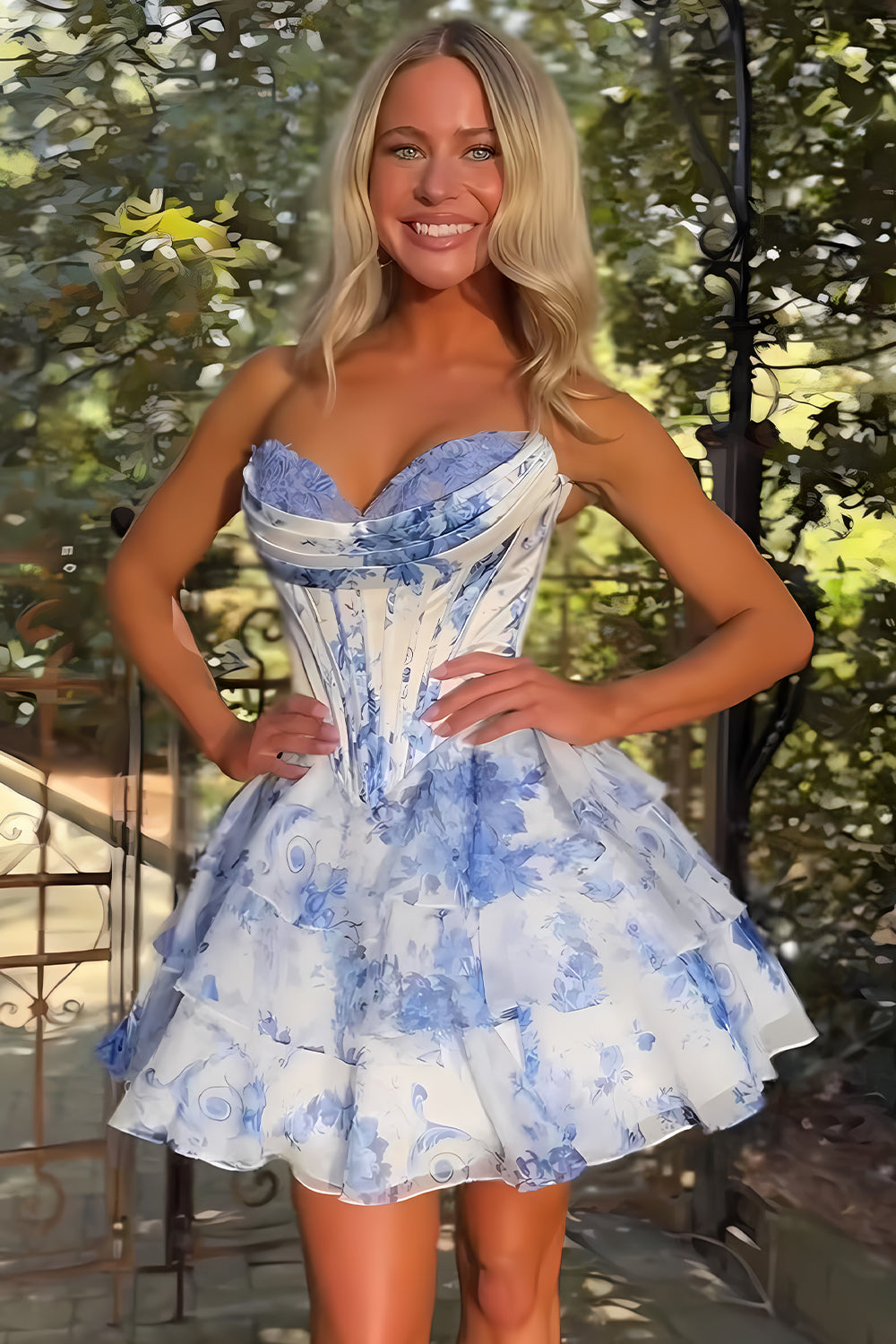 Floral A-Line Sweetheart Short Tiered Homecoming Dress with Lace Detail