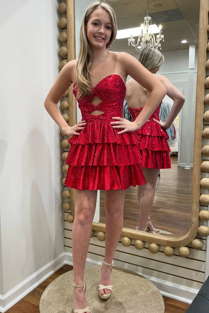 Sparkly A-Line Beaded Tiered Mini Hoco Dress with Cutout Bodice and Lace-Up Back