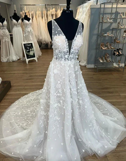 omberprom Elegant Gorgeous A-Line V-Neck Open Back Chapel Train Wedding Dress