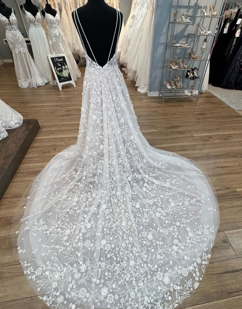 omberprom Elegant Gorgeous A-Line V-Neck Open Back Chapel Train Wedding Dress
