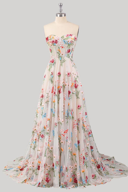 Gorgeous A Line Sweetheart White Long Prom Dress with Embroidery