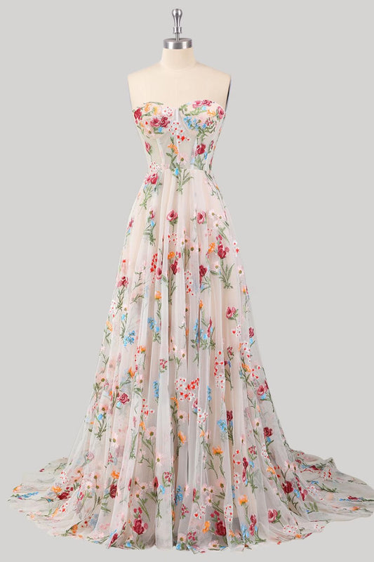 Gorgeous A Line Sweetheart White Long Prom Dress with Embroidery