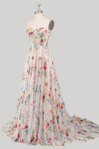 Gorgeous A Line Sweetheart White Long Prom Dress with Embroidery