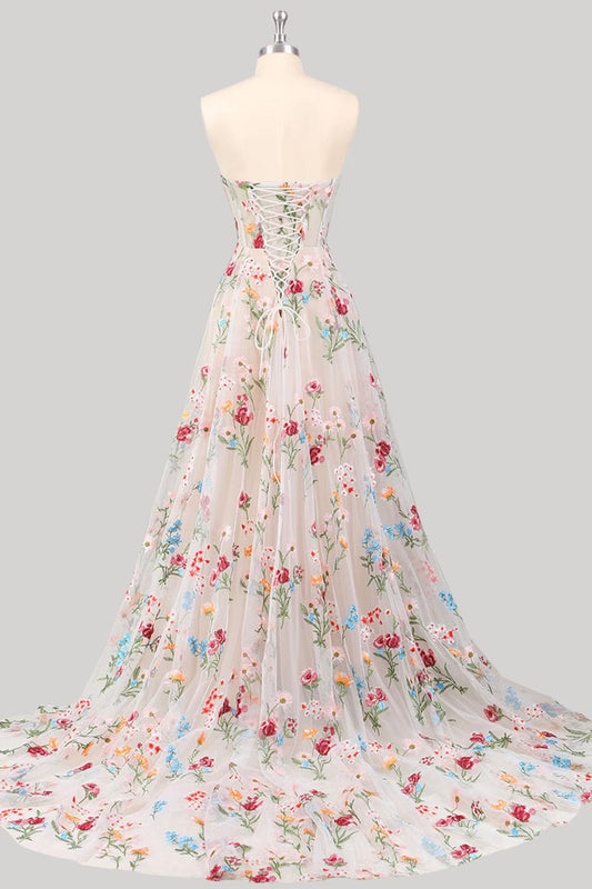 Gorgeous A Line Sweetheart White Long Prom Dress with Embroidery