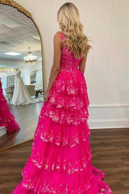 Lilac A-Line Floral Lace Corset High-Low Tiered Sequin Prom Dress with Slit