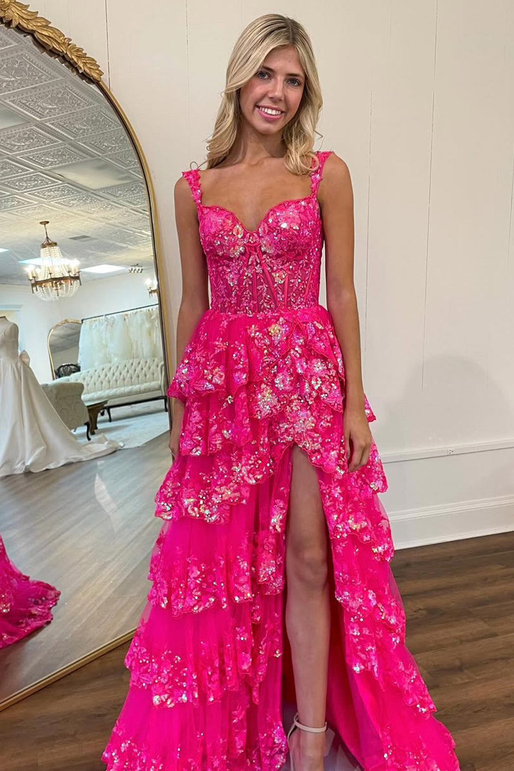 Lilac A-Line Floral Lace Corset High-Low Tiered Sequin Prom Dress with Slit