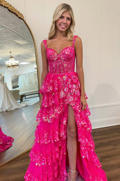Lilac A-Line Floral Lace Corset High-Low Tiered Sequin Prom Dress with Slit