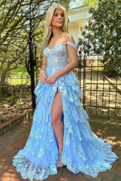 Lilac A-Line Floral Lace Corset High-Low Tiered Sequin Prom Dress with Slit