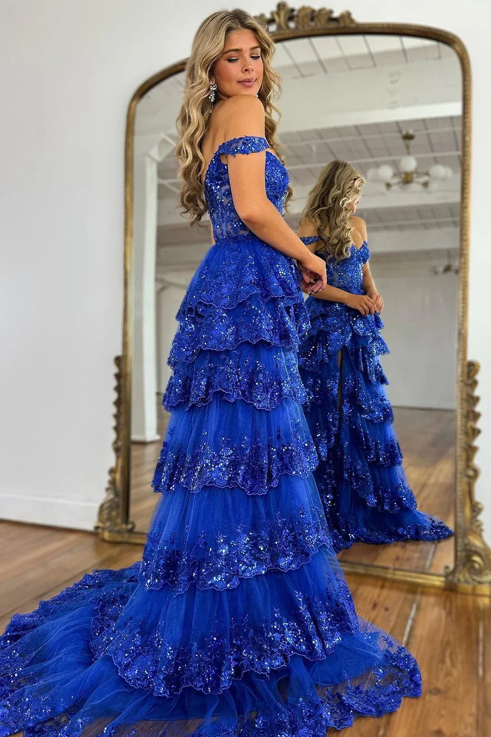 Lilac A-Line Floral Lace Corset High-Low Tiered Sequin Prom Dress with Slit