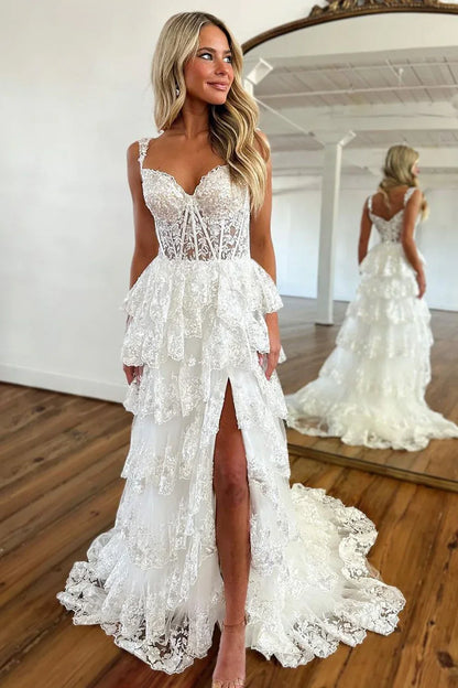 Lilac A-Line Floral Lace Corset High-Low Tiered Sequin Prom Dress with Slit