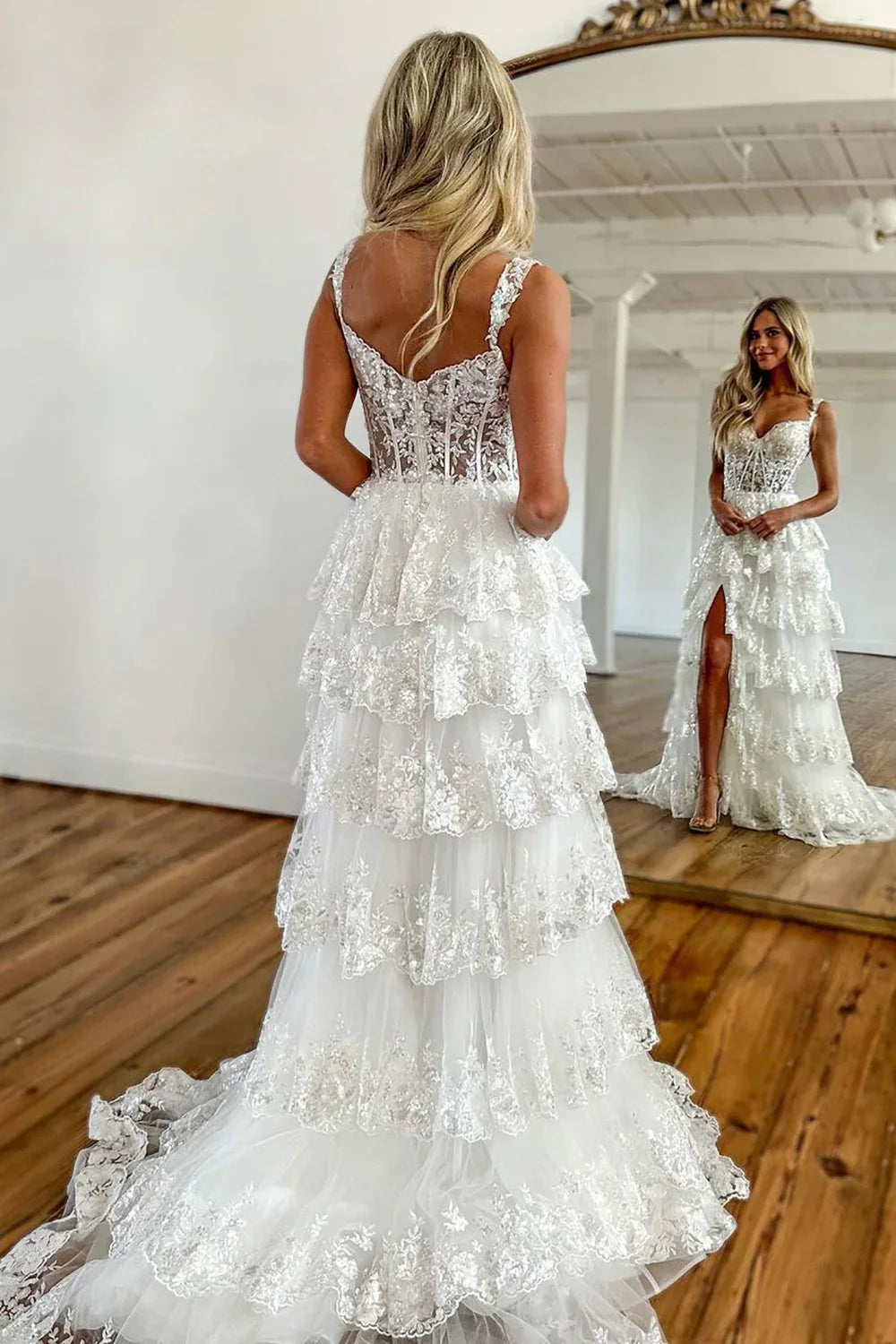 Lilac A-Line Floral Lace Corset High-Low Tiered Sequin Prom Dress with Slit