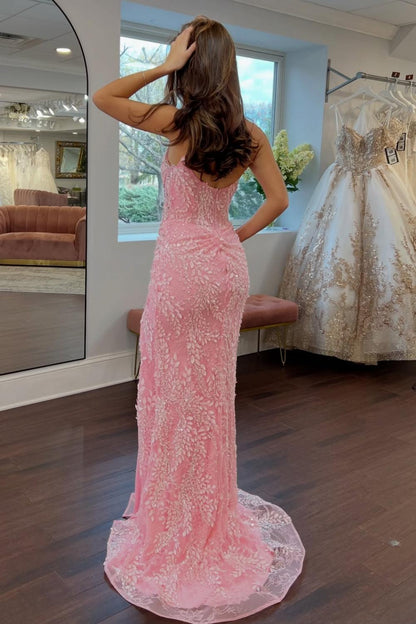 Gorgeous Mermaid Sweetheart Pink Long Prom Dress with Split Front Appliques