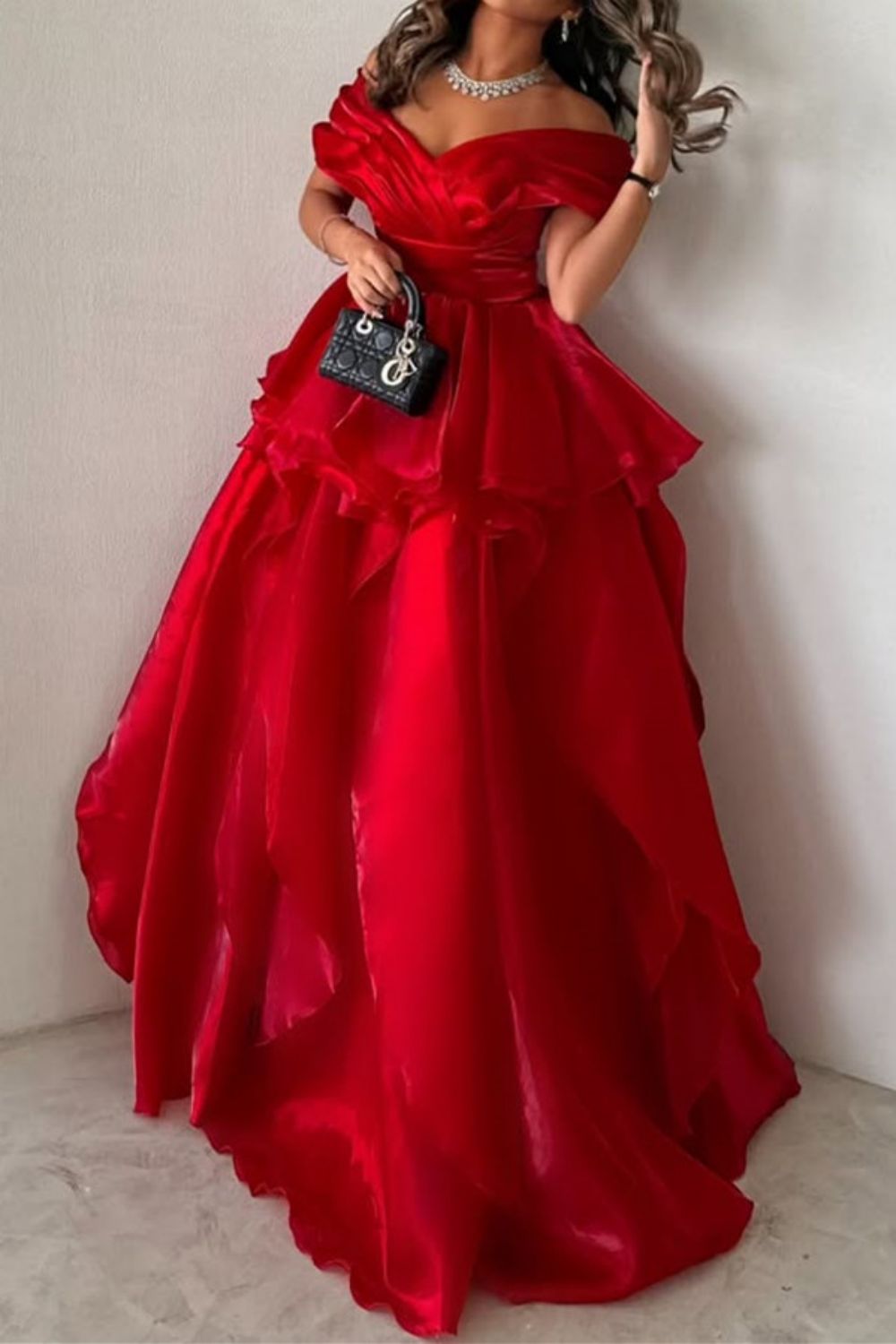Gorgeous Pink Off-the-Shoulder Ruffled Layered Ball Gown Prom Dress
