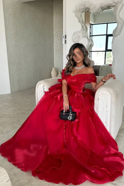 Gorgeous Pink Off-the-Shoulder Ruffled Layered Ball Gown Prom Dress