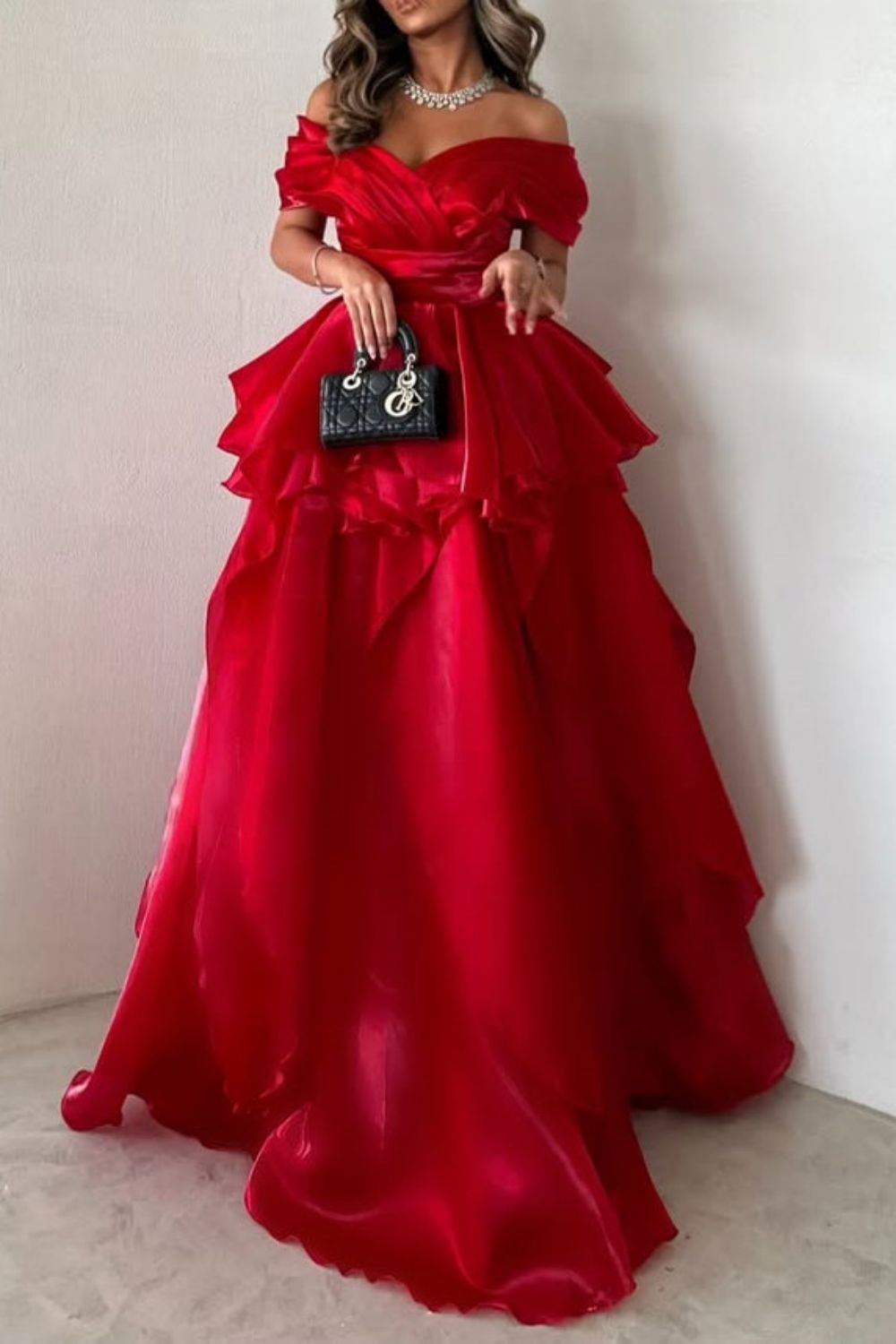 Gorgeous Pink Off-the-Shoulder Ruffled Layered Ball Gown Prom Dress