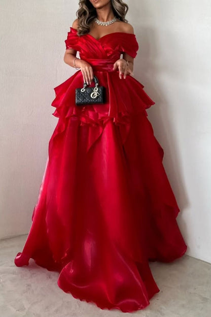 Gorgeous Pink Off-the-Shoulder Ruffled Layered Ball Gown Prom Dress