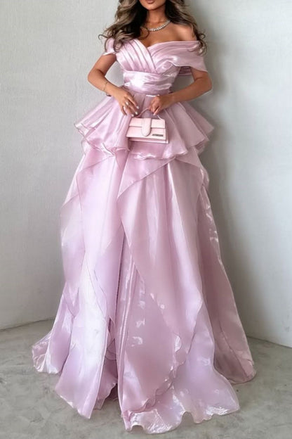 Gorgeous Pink Off-the-Shoulder Ruffled Layered Ball Gown Prom Dress
