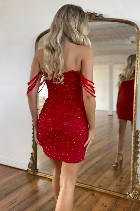 Gorgeous Red Mermaid Off The Shoulder Short Sequin Homecoming Dress with Fringe Details