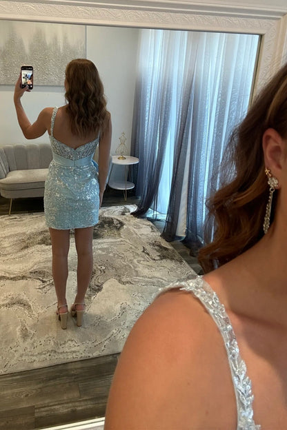 Gorgeous Sequin Lace Homecoming Dress with Sheer Corset Bodice and Statement Bow