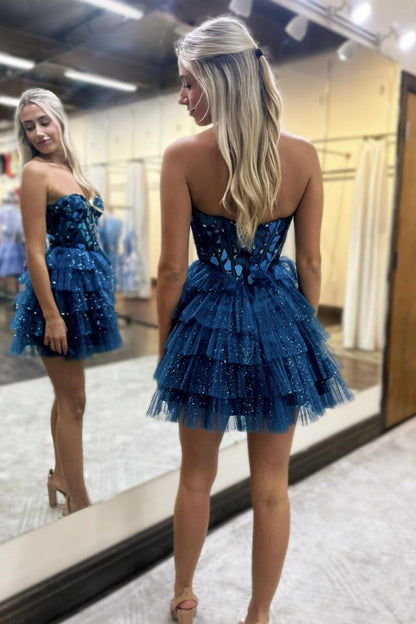Lovely A Line Sweetheart Tulle Homecoming Dress with Short Tiered Skirt and Mirror Trim
