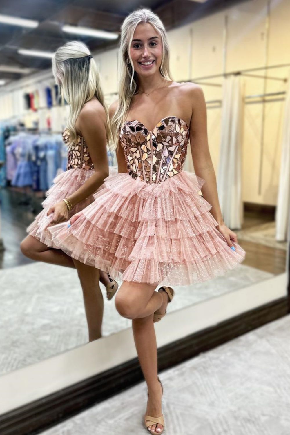 Lovely A Line Sweetheart Tulle Homecoming Dress with Short Tiered Skirt and Mirror Trim