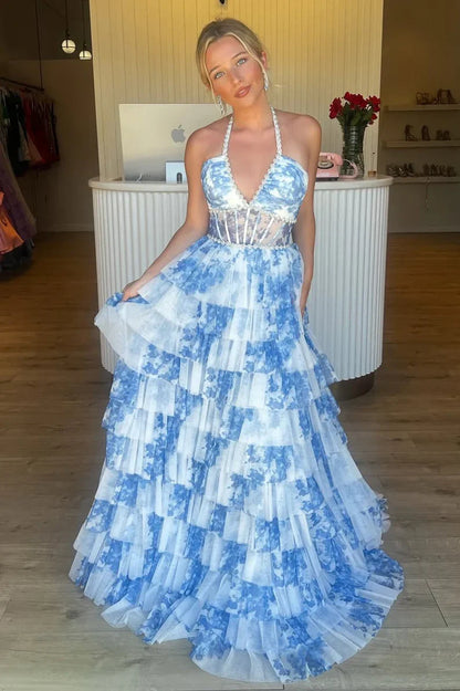 Gorgeous A Line Halter Neck Pink Floral Printed Corset Prom Dress with Ruffles
