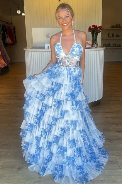 Gorgeous A Line Halter Neck Pink Floral Printed Corset Prom Dress with Ruffles