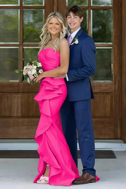 Gorgeous Mermaid Strapless Pink Long Prom Dress with Split Front Ruched