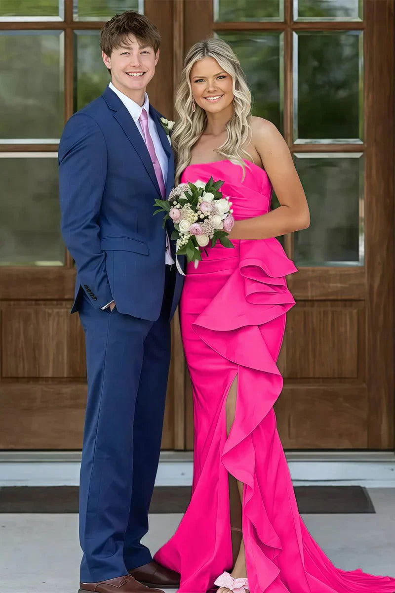 Gorgeous Mermaid Strapless Pink Long Prom Dress with Split Front Ruched