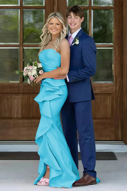 Gorgeous Mermaid Strapless Pink Long Prom Dress with Split Front Ruched
