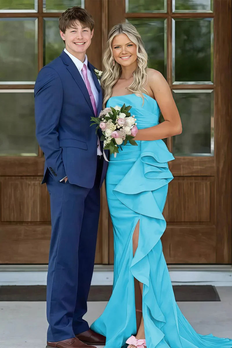 Gorgeous Mermaid Strapless Pink Long Prom Dress with Split Front Ruched