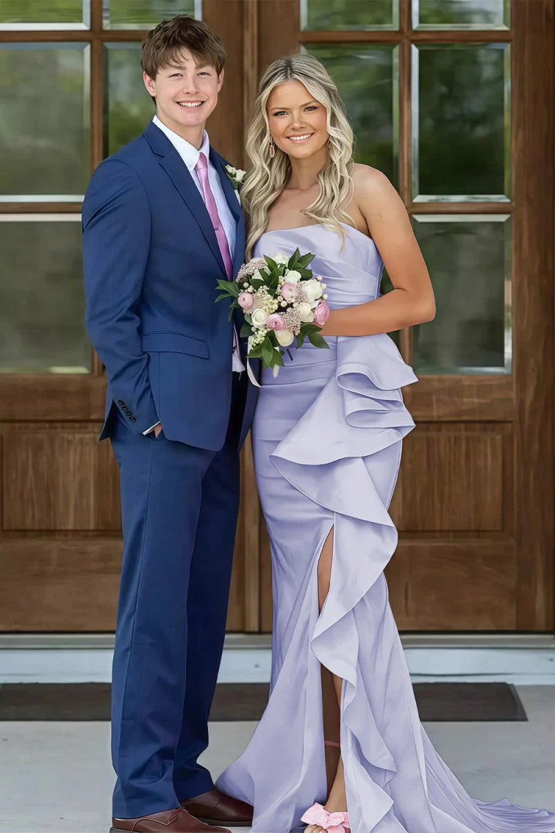Gorgeous Mermaid Strapless Pink Long Prom Dress with Split Front Ruched