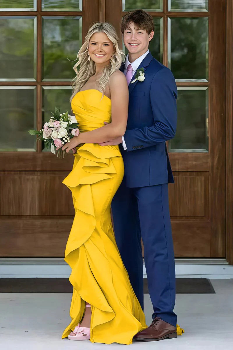 Gorgeous Mermaid Strapless Pink Long Prom Dress with Split Front Ruched