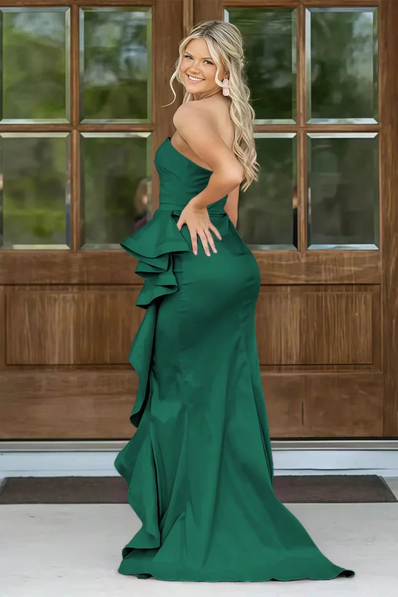 Gorgeous Mermaid Strapless Pink Long Prom Dress with Split Front Ruched