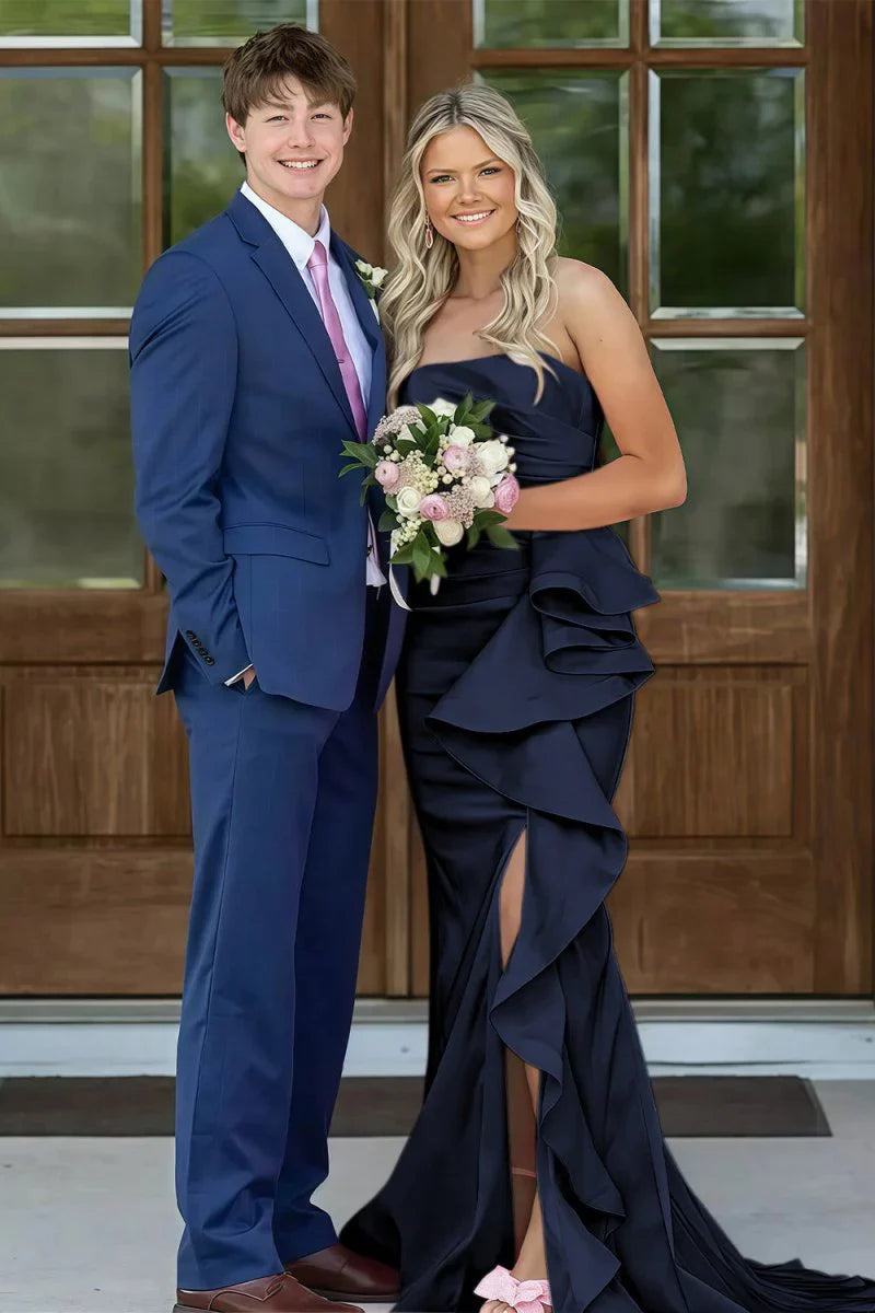 Gorgeous Mermaid Strapless Pink Long Prom Dress with Split Front Ruched