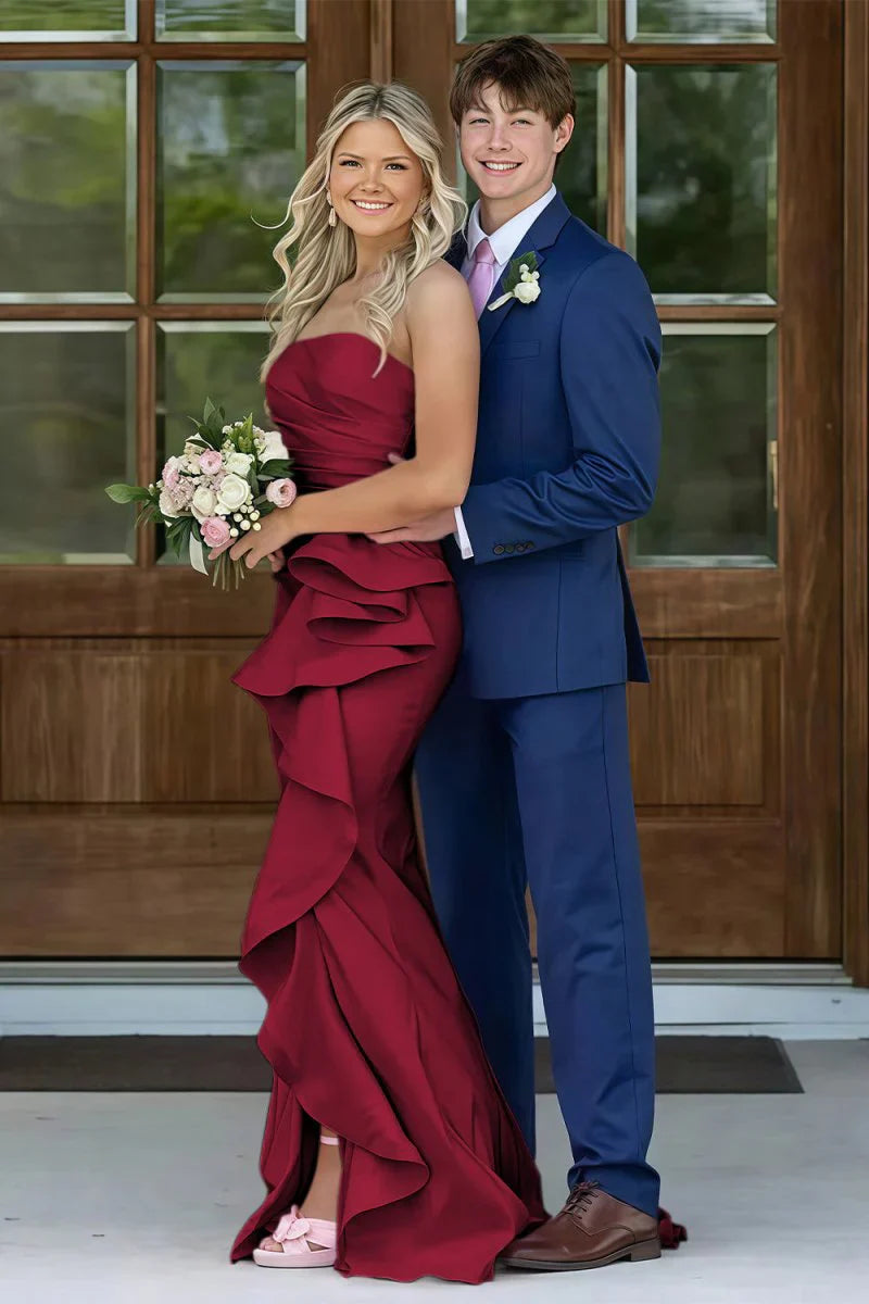 Gorgeous Mermaid Strapless Pink Long Prom Dress with Split Front Ruched