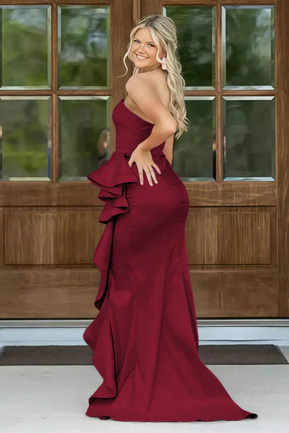 Gorgeous Mermaid Strapless Pink Long Prom Dress with Split Front Ruched