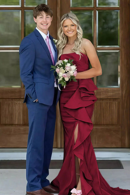 Gorgeous Mermaid Strapless Pink Long Prom Dress with Split Front Ruched