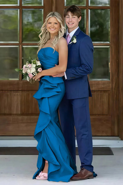 Gorgeous Mermaid Strapless Pink Long Prom Dress with Split Front Ruched