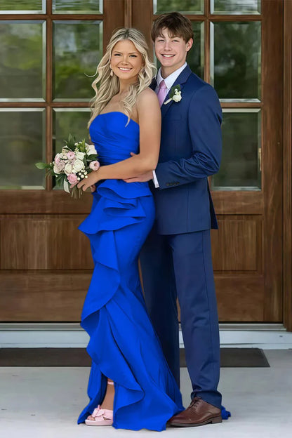 Gorgeous Mermaid Strapless Pink Long Prom Dress with Split Front Ruched
