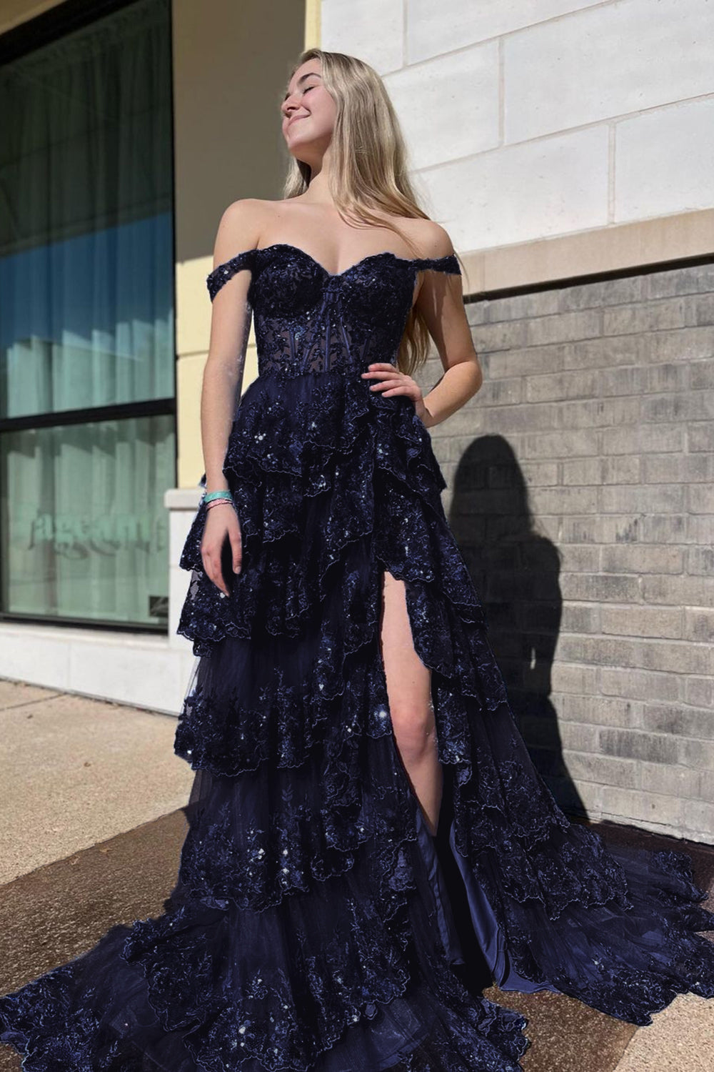 Lilac A-Line Floral Lace Corset High-Low Tiered Sequin Prom Dress with Slit