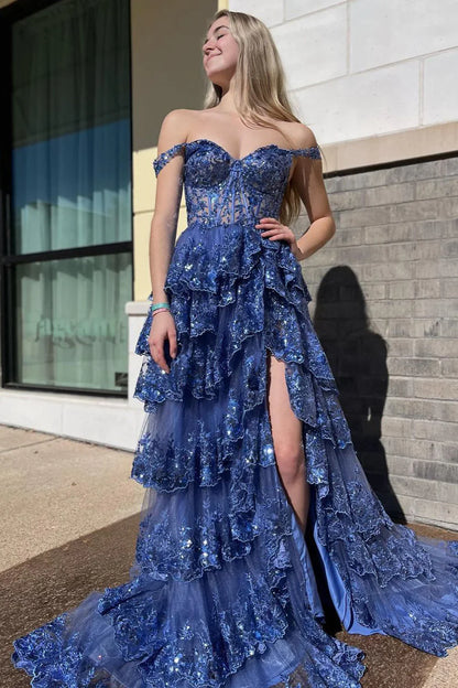 Lilac A-Line Floral Lace Corset High-Low Tiered Sequin Prom Dress with Slit