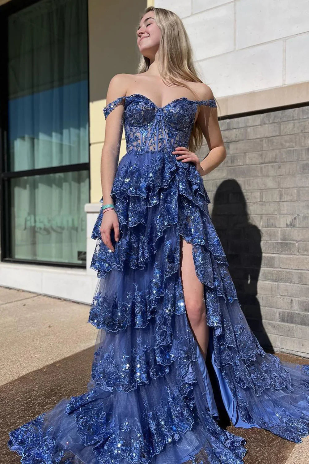 Gorgeous Off The Shoulder A Line Sequin Prom Dress with Glitter Finish Tiered Layers and Slit