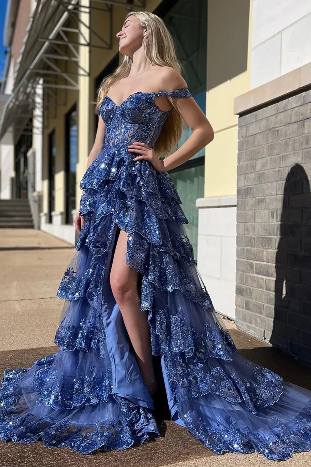 Lilac A-Line Floral Lace Corset High-Low Tiered Sequin Prom Dress with Slit