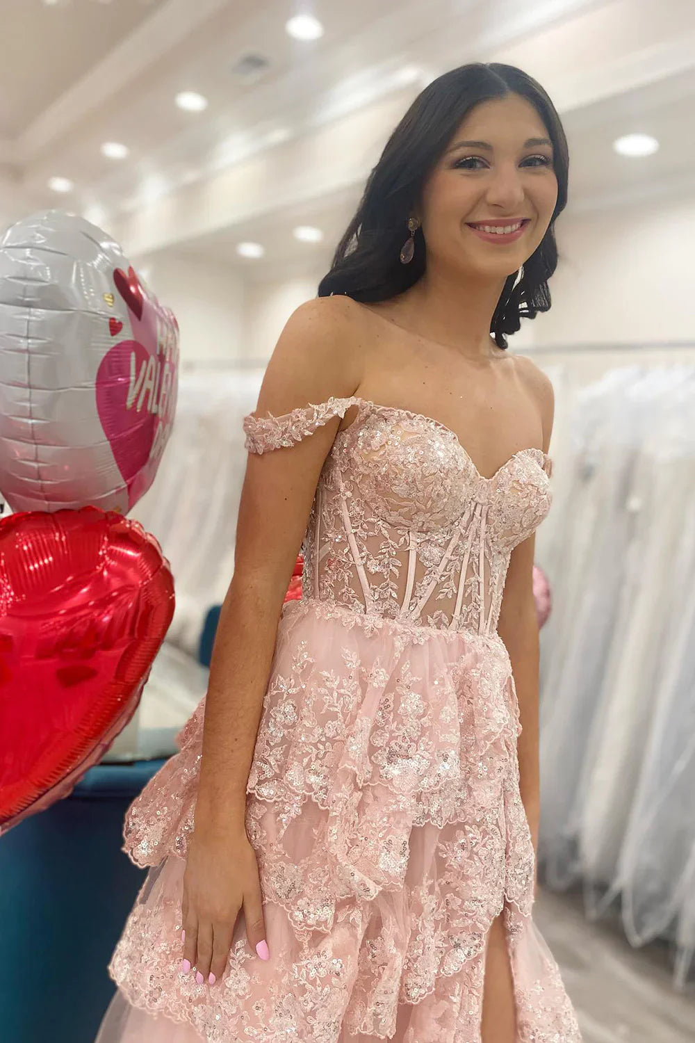 Lilac A-Line Floral Lace Corset High-Low Tiered Sequin Prom Dress with Slit