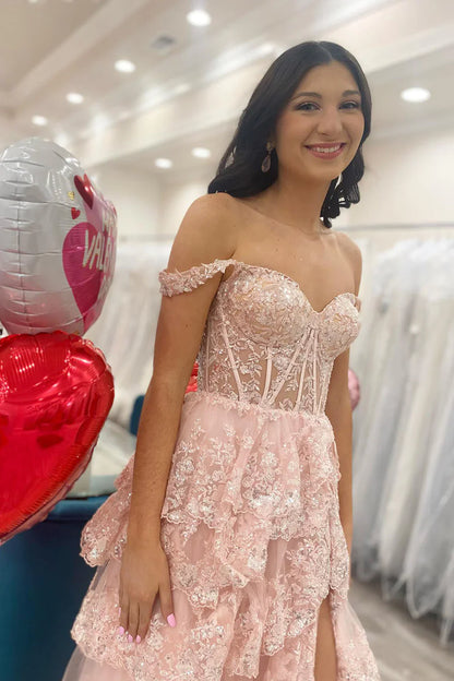 Gorgeous Off The Shoulder A Line Sequin Prom Dress with Glitter Finish Tiered Layers and Slit