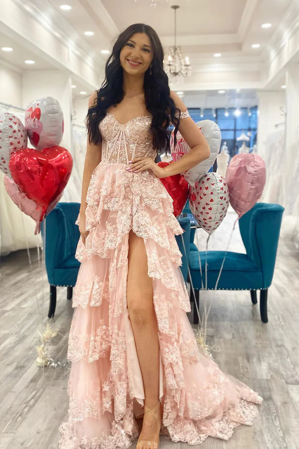 Lilac A-Line Floral Lace Corset High-Low Tiered Sequin Prom Dress with Slit